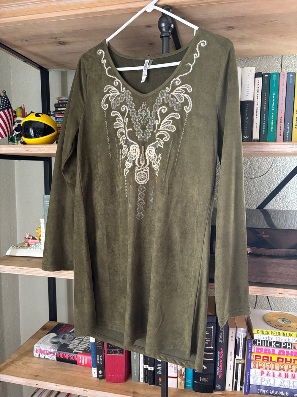 Monoreno Olive Green Embroidered V-Neck Tunic